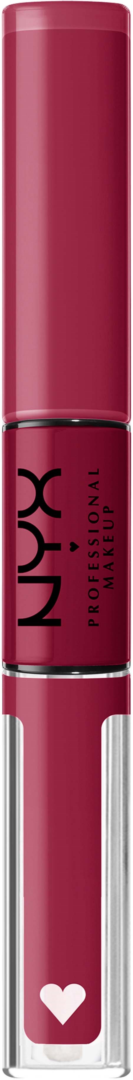 A liquid lipstick with a pinkish-red color and a heart symbol on the clear container.