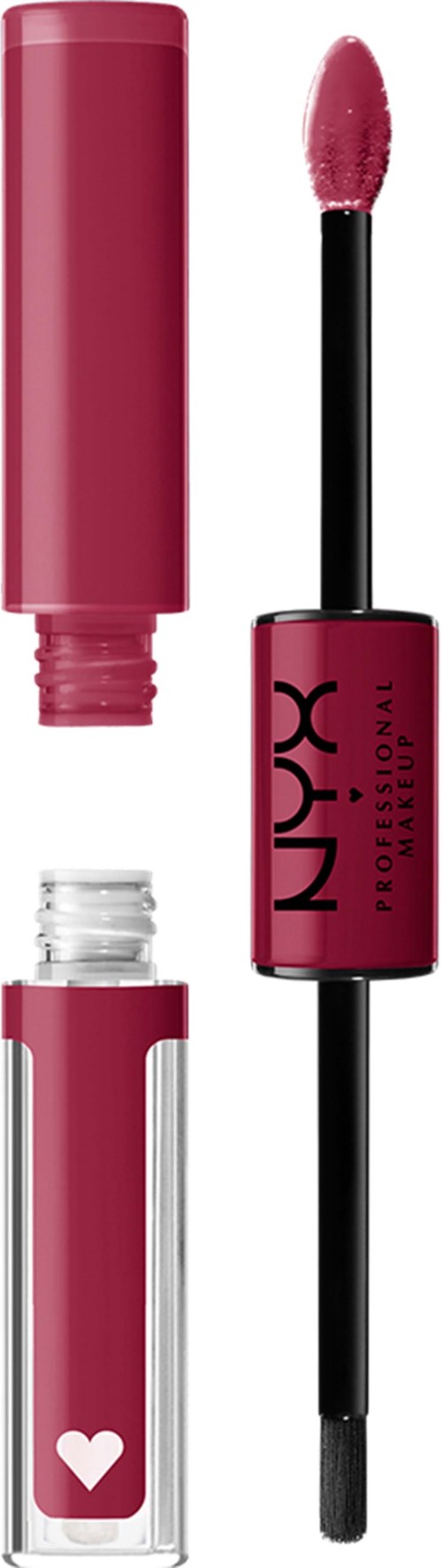 A lip gloss with a pink container, open applicator showing pink gloss, and a small white heart on the tube.