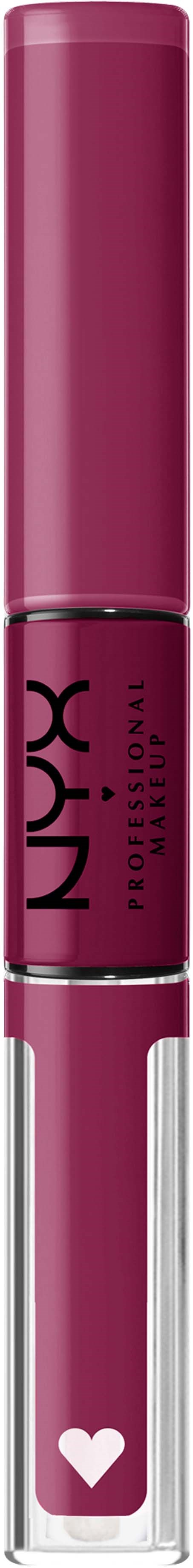 A lipstick with a pink cap and clear tube showing deep pink color, with a small heart symbol at the bottom.