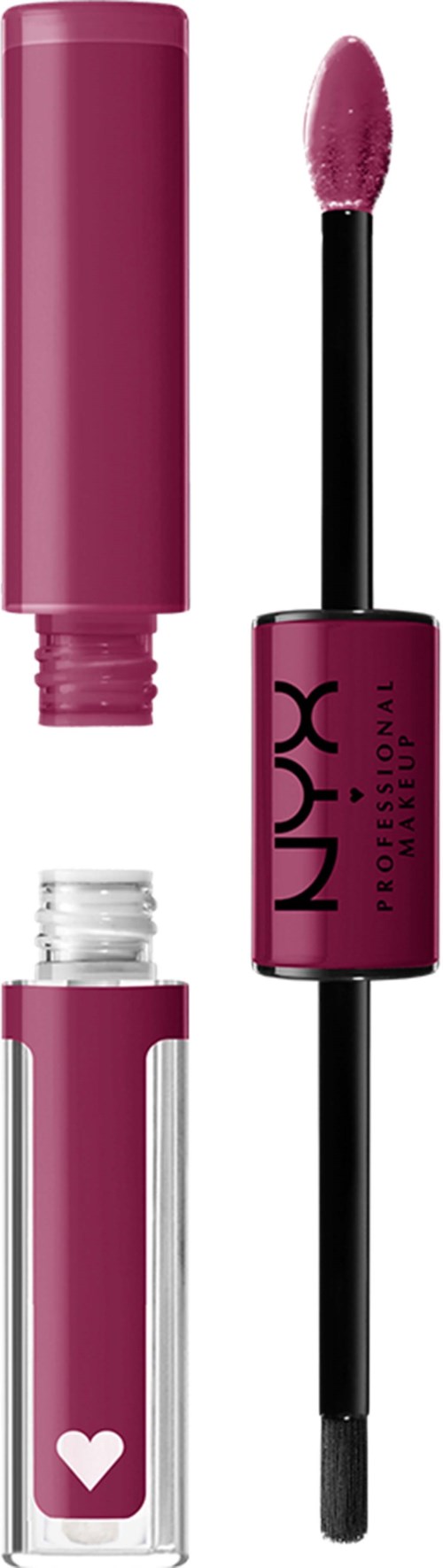 A liquid lip gloss with a pink tube and an applicator with pink color.