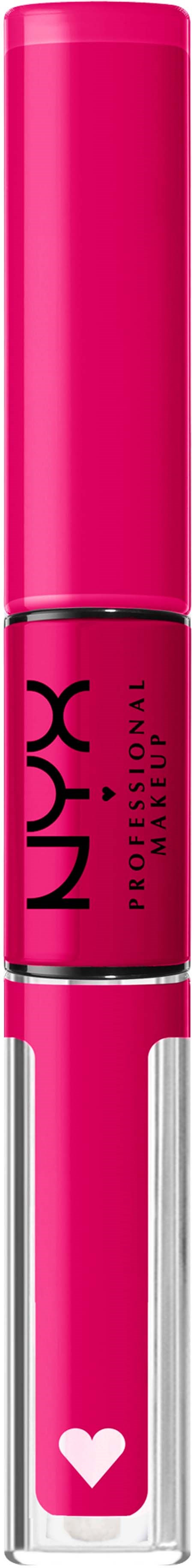 A pink liquid lipstick tube with a heart at the bottom and black text on the side.