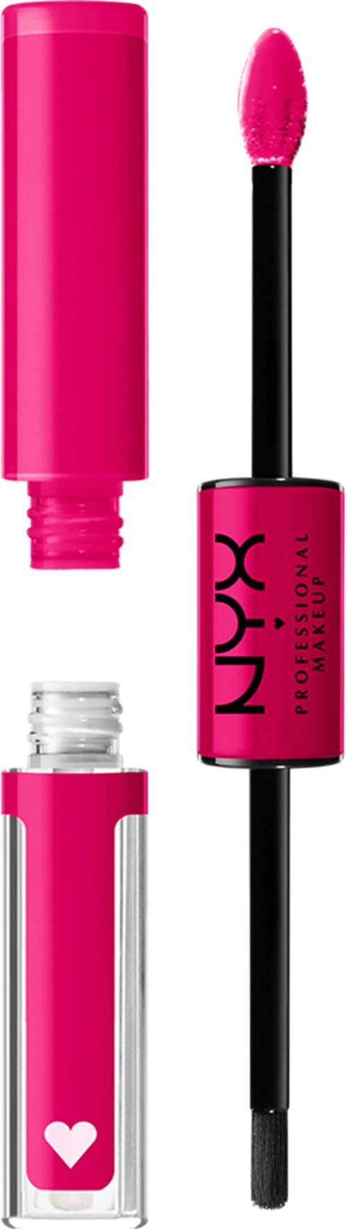 A bright pink NYX lip gloss with a love heart on the tube, and the applicator showing pink gloss.