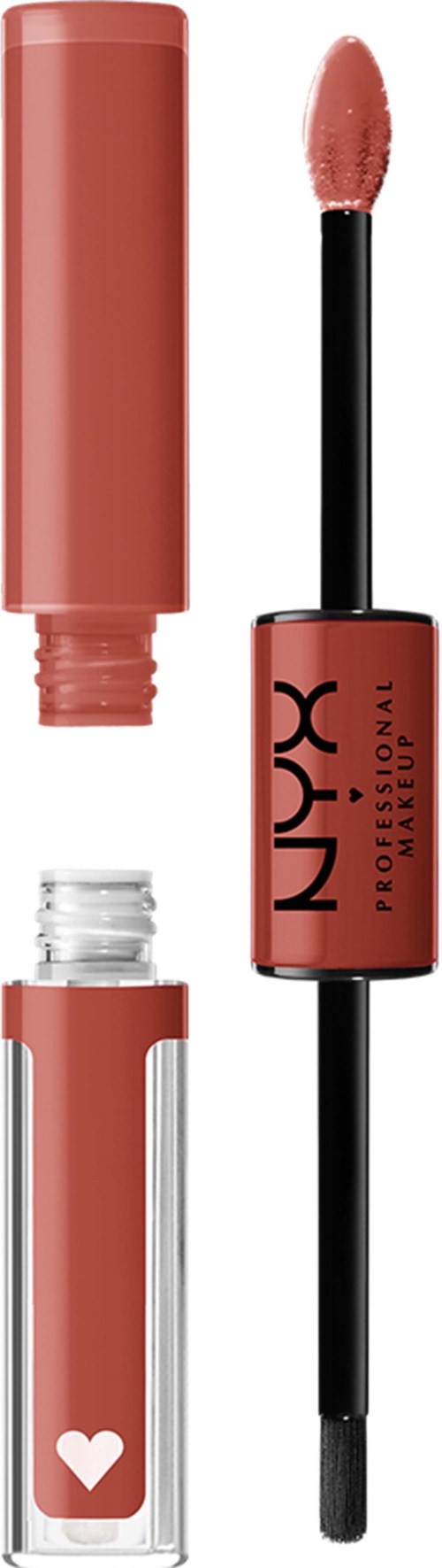 Lip gloss tube and wand with pinkish color, NYX Professional makeup branding, small heart on bottom.
