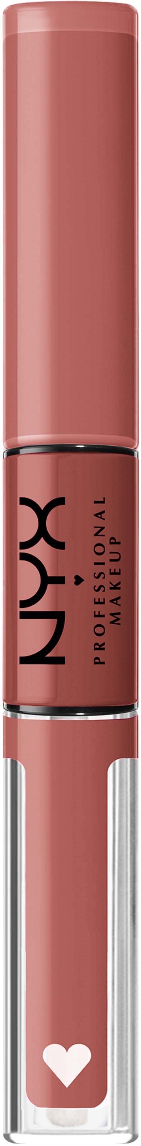 A tube of NYX lipstick with a pink cap and a clear bottom showing a heart symbol.