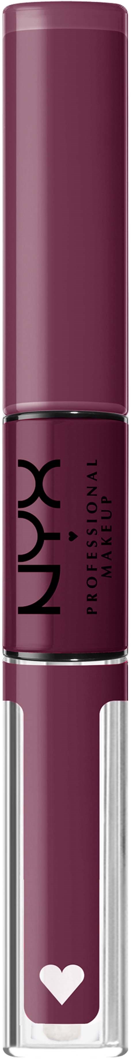 A liquid lipstick with a lilac and pink container, featuring a small white heart at the bottom.