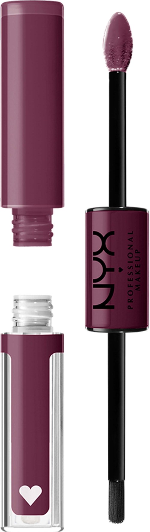 Lip gloss tube with purple color and NYX logo, and a wand applicator with purple gloss.