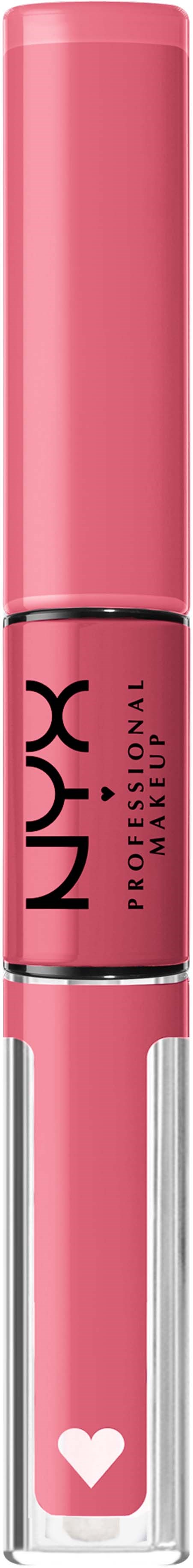 A pink makeup product with a smaller clear container showing a white heart, and black and pink text.