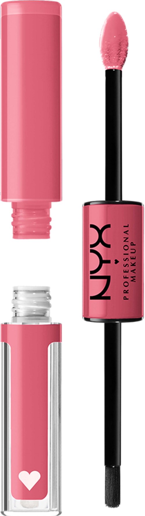 A pink liquid lipstick with a wand applicator, shown with the cap removed, and a small white heart on the container.