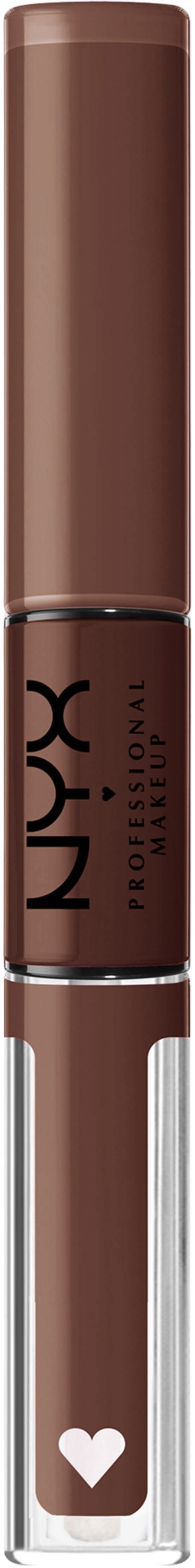 A NYX lip gloss tube with a brown cap and a clear bottom showing the gloss, featuring a small heart symbol.