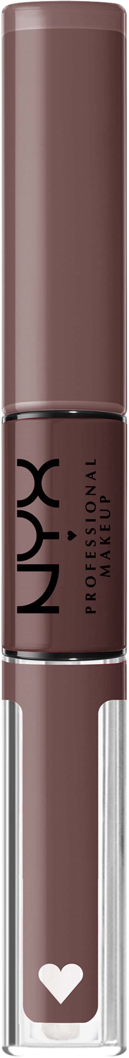 A NXY lipstick with a brown cap and a clear bottom showing a heart icon.