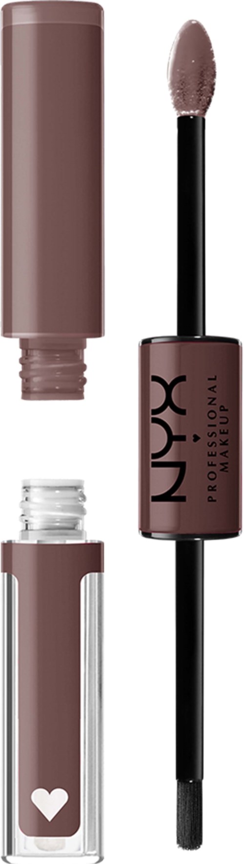Lip gloss in a tube with a black wand, the tube is pink with a small heart on it.