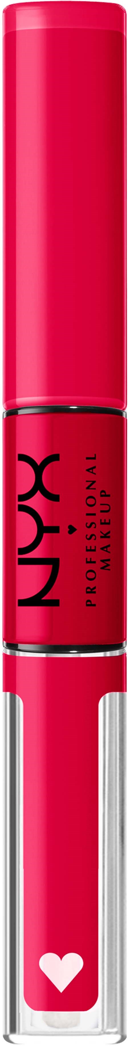 A bright pink lipstick tube with a small white heart on the clear lower part.
