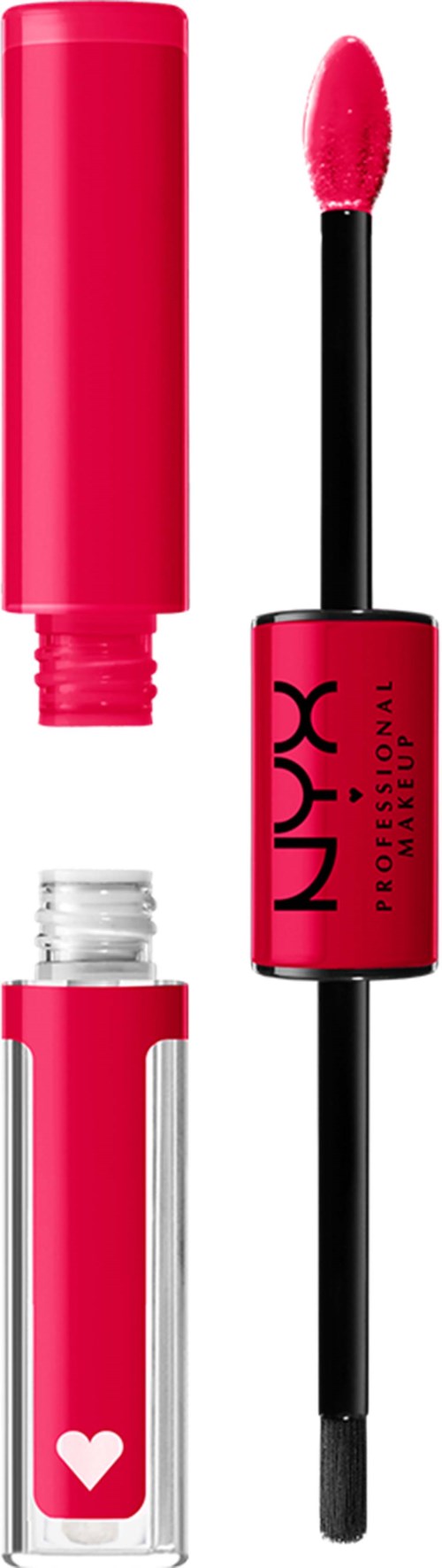 A pink liquid lipstick with a wand and a clear tube, decorated with a small white heart.