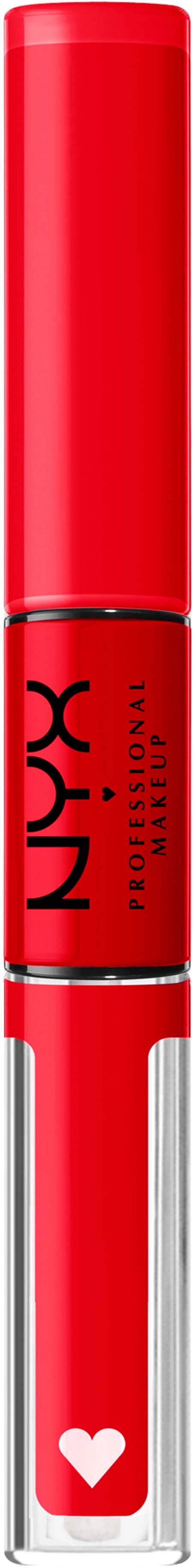 A red lipstick tube with a white heart at the bottom and black text in the middle.