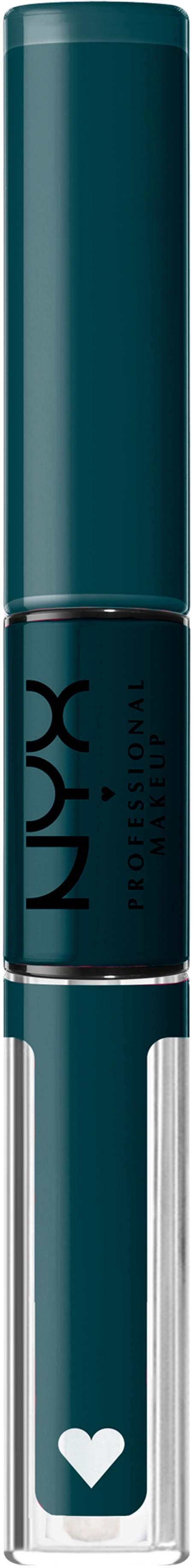 A blue and transparent tube with a white heart at the bottom, likely a cosmetic or lip product.