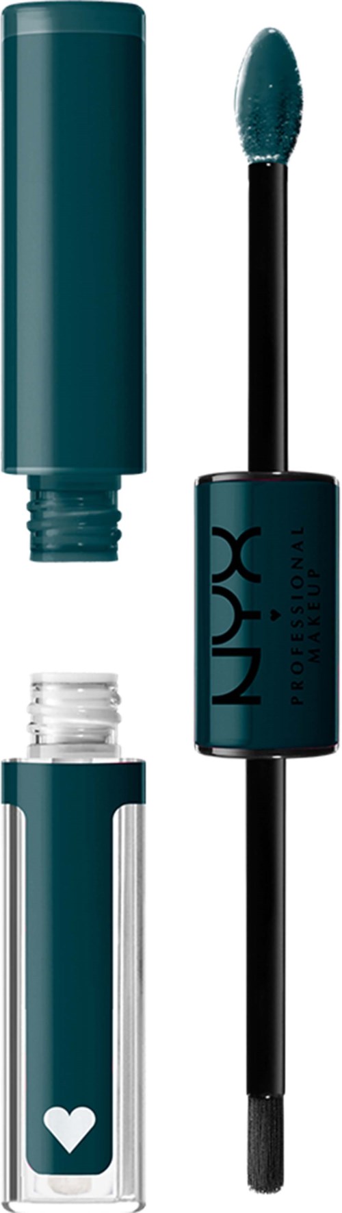 NYX lip gloss tube, cap off, with applicator wand and a small heart on the tube.