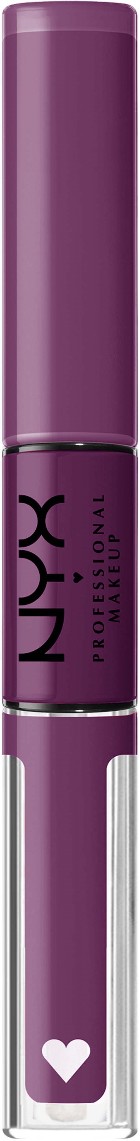 A purple NYX lip gloss tube with a white heart on the clear bottom part.