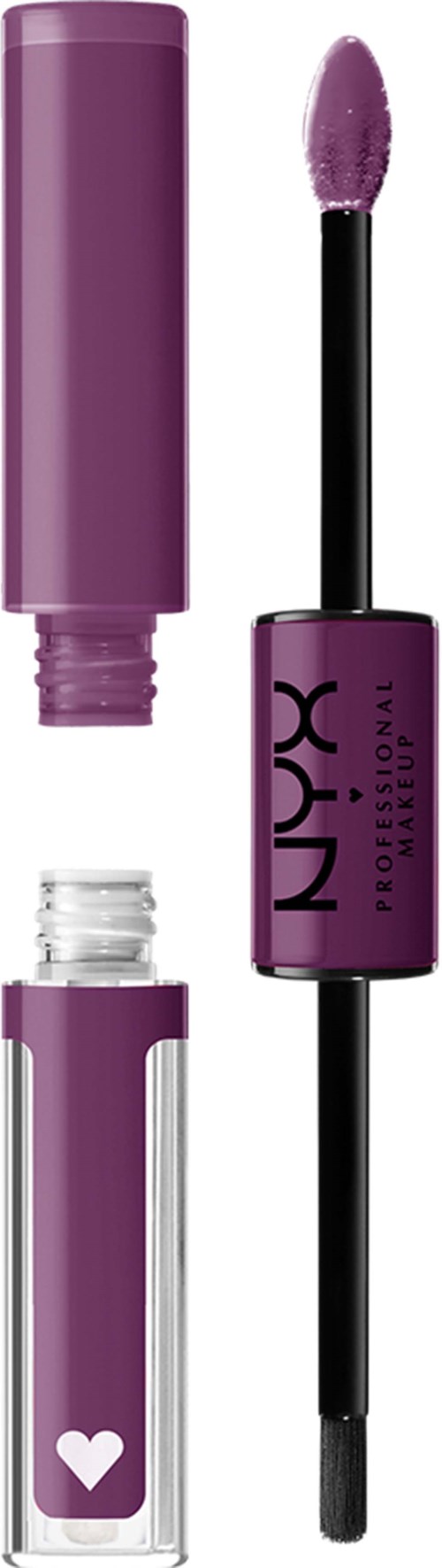 A purple lip gloss with a black applicator and NYX logo, shows the open tube and wand.