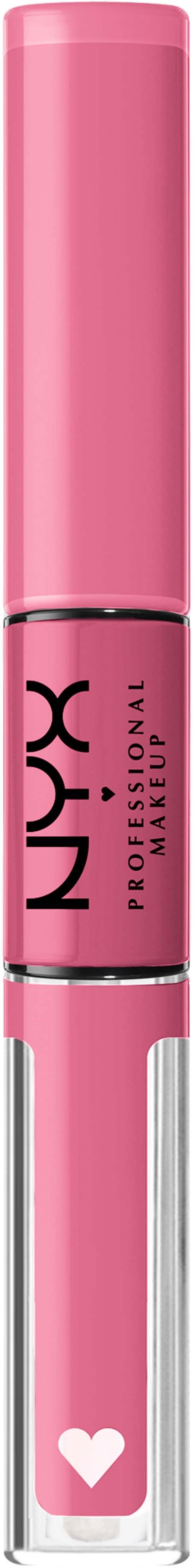 A pink lip gloss tube with a clear bottom section and a small heart on the cap.