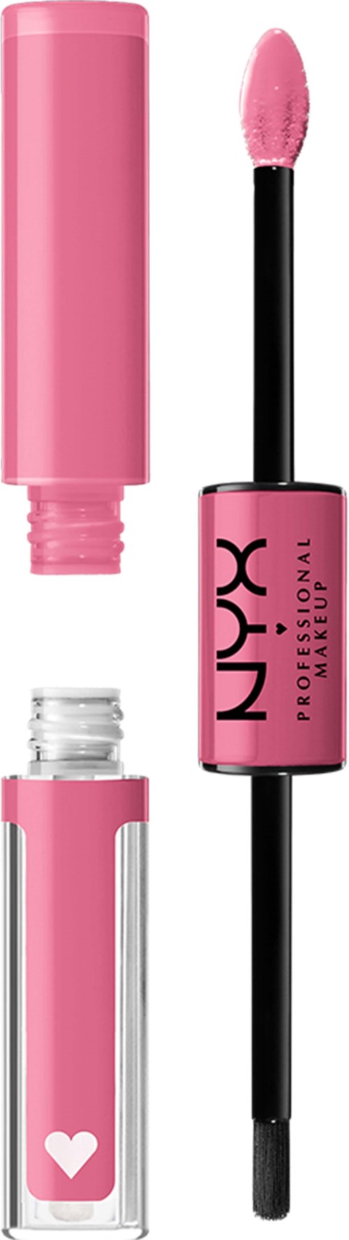 A pink liquid lipstick tube, applicator wand with pink gloss, and a clear tube with a white heart symbol.