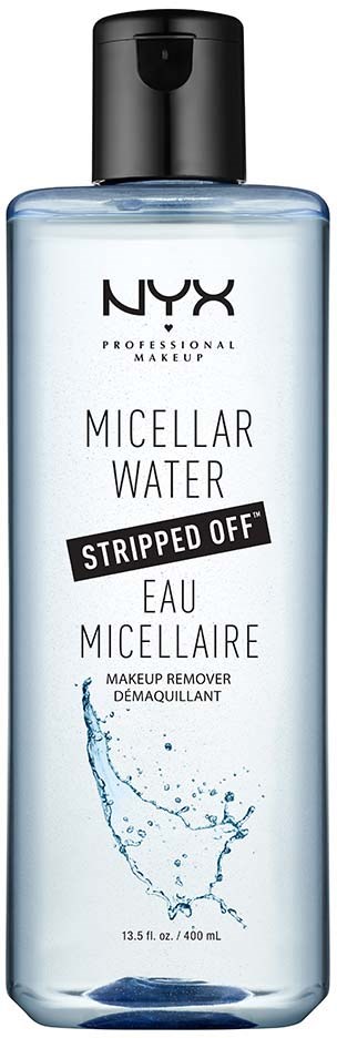 Eine klare Kunststoffflasche mit schwarzem Deckel, beschriftet NYX Micellar Water, mit Spritzergrafik und Beschreibung.
