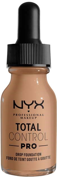 NYX Total Control Pro Drop Foundation -pullot, jossa musta korkki ja vaalean beige neste.