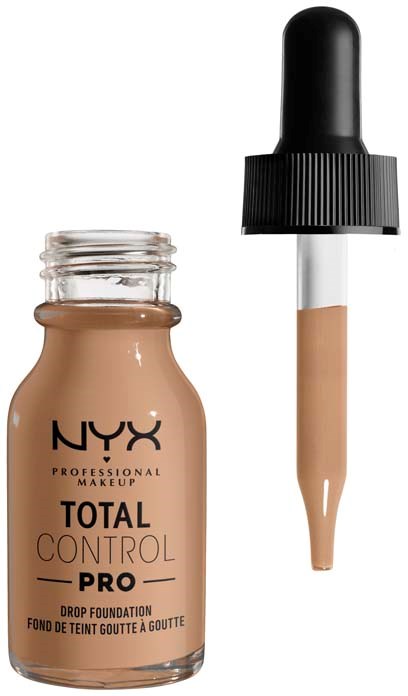 Nestemäinen meikkivoidepullo pipetitarralla ja mustalla korkilla. Etiketissa lukee NYX Total Control Pro.