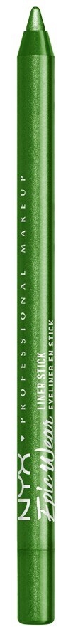 A green eyeliner pencil with white text, standing upright.