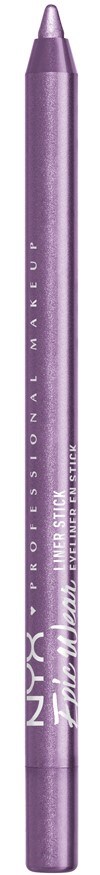 A purple eyeliner pencil with silver writing, standing upright against a black background.