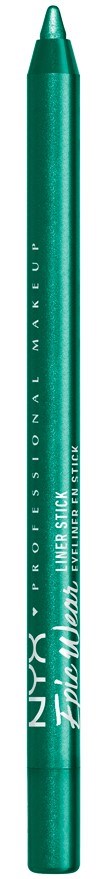 A turquoise eyeliner pencil with white text and branding, standing vertically against a black background.