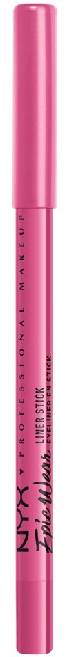 A pink pen with black text on it, possibly for makeup or writing, standing vertically.