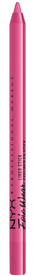 A pink eyeliner pencil with black text, branded NYX, lying vertically against a black background.