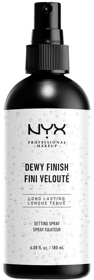Eine schwarze Sprühflasche mit weißem Etikett, Marke NYX, genannt Dewy Finish für langanhaltendes Make-up.