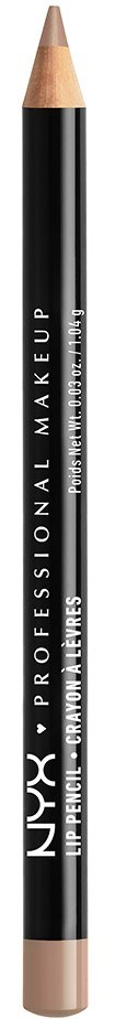 Ein schwarzer Stift mit beigefarbenen Spitzen und weißen Text, gekennzeichnet als NYX Professional Makeup Lippenstift.