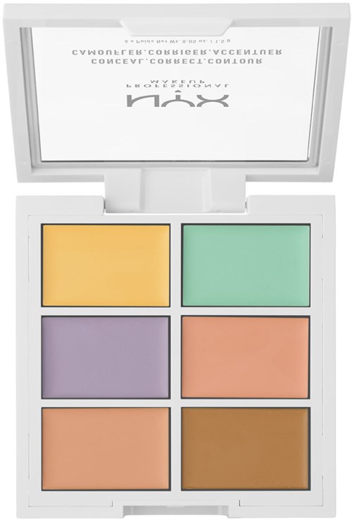 Een make-up palette met zes kleuren: geel, groen, paars, oranje, perzik en bruin.