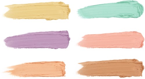 Zes kleurrijke verfstrepen in geel, groen, paars, roze, oranje en bruin op een witte achtergrond.