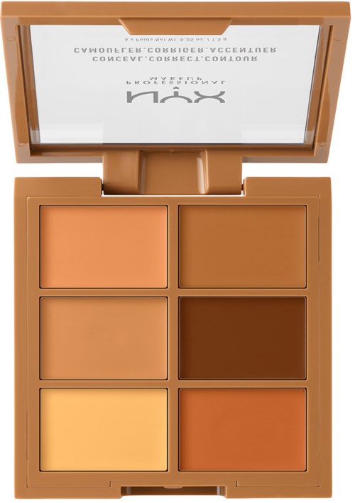 En makeup-palett med sex nyanser av foundation eller concealer, från ljus till mörk, i ett brunt skal.