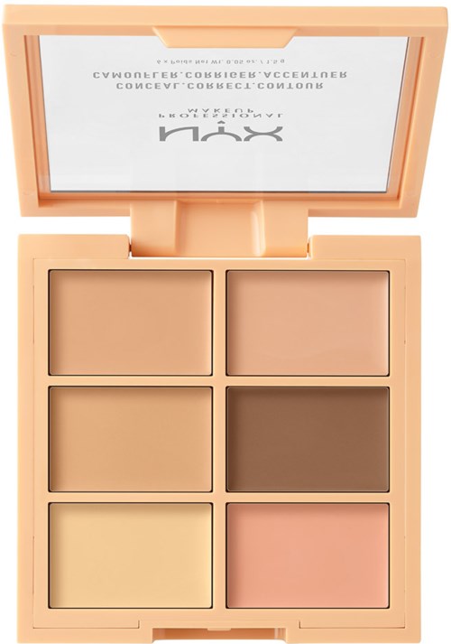 Ein Make-up-Palette mit sechs verschiedenen Nuancen von Foundation oder Concealer in einem beigen Gehäuse.