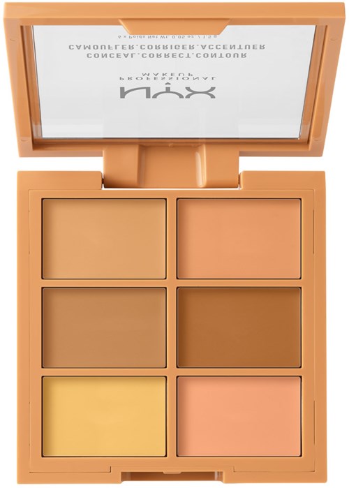En beige makeuppalett med sex olika nyanser, spegel på locket och ett genomskärligt plastlock.