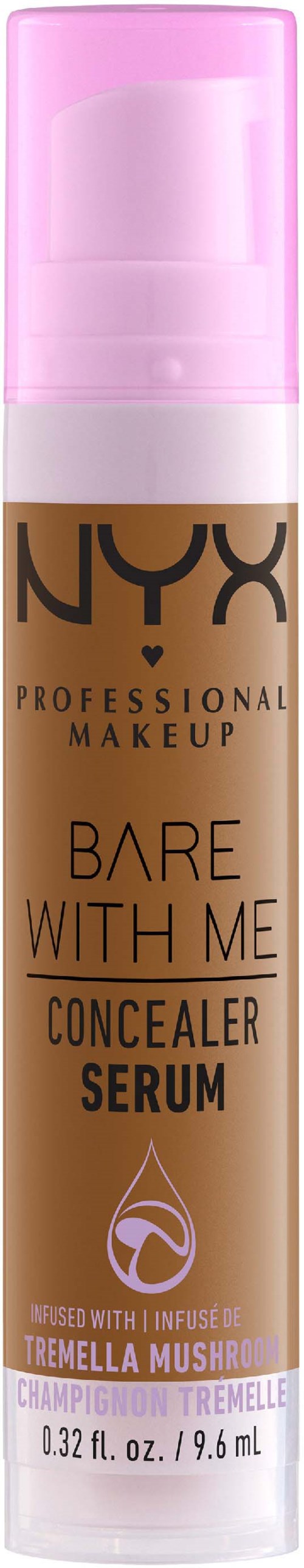 A bottle of NYX concealer serum with pink cap, labeled 'Bare With Me,' designed to hide blemishes and help skin.