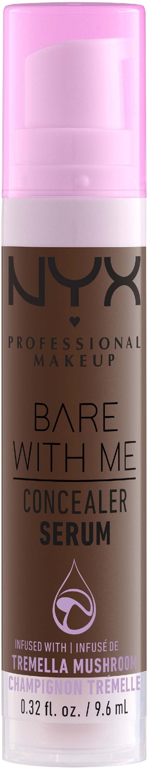 A bottle of NYX concealer serum with pink cap, designed for covering blemishes and spot treatment.