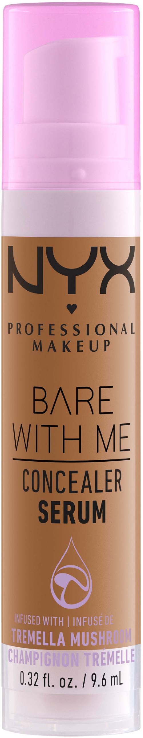 A NYX concealer serum bottle with a pink cap, labeled 'Bare With Me', in light brown shade.