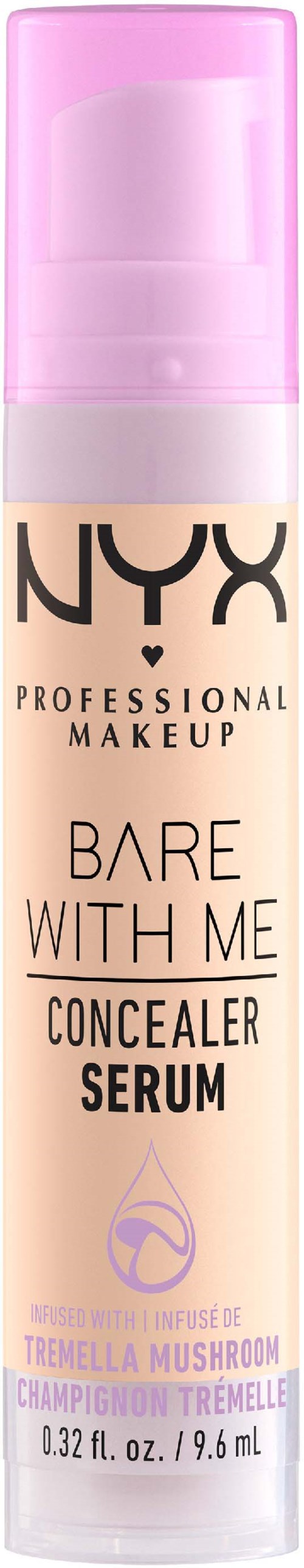 A small bottle of NYX concealer serum, pink cap, used for makeup, with label describing its purpose and ingredients.
