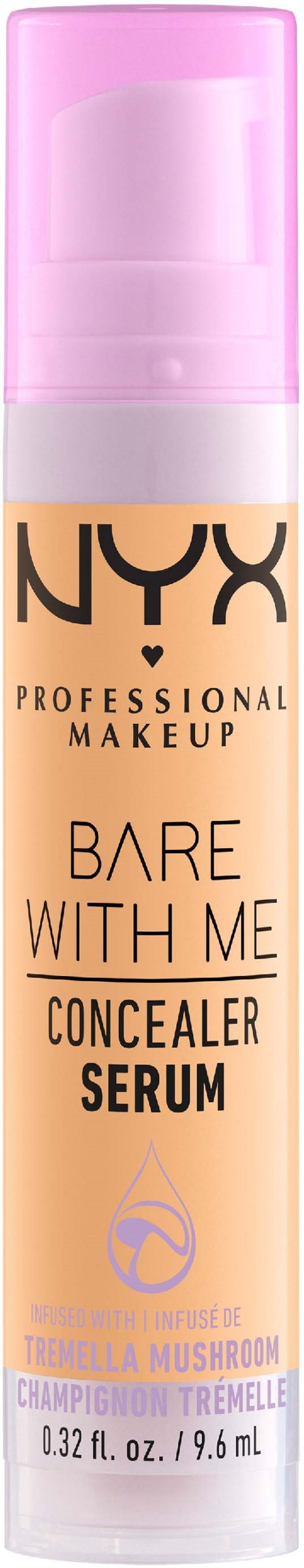 Een NYX concealer serumfles met roze dop, gelabeld "Bare With Me" voor het verbergen van imperfecties.