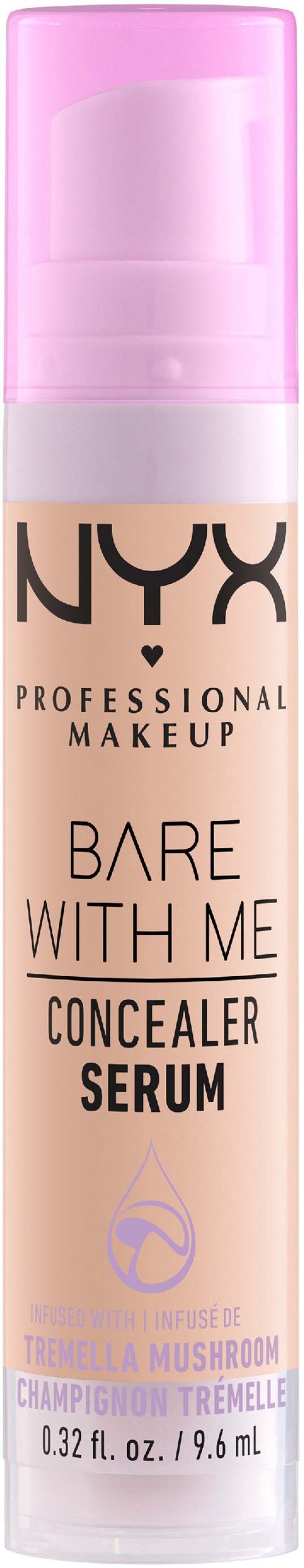 A bottle of NYX Concealer Serum with pink cap, labeled "Bare With Me". It is for makeup use.