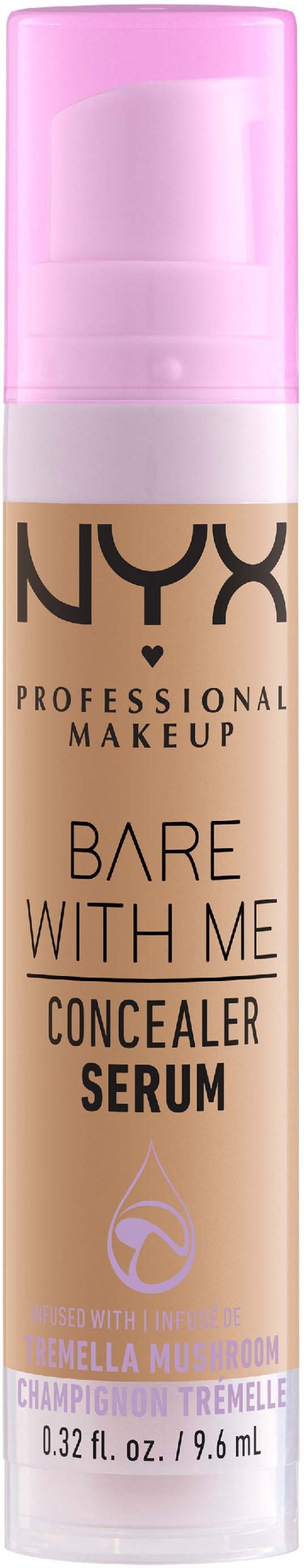 NYX concealer serum met roze dop, beige fles en zwarte tekst, voor huidverzorging.