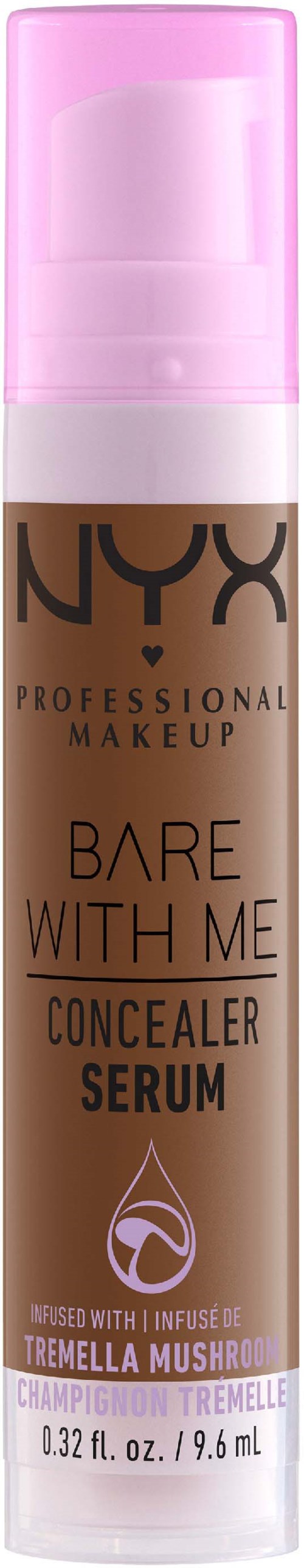 A NYX concealer serum bottle with a pink cap and beige body, labeled 'Bare With Me Concealer Serum' for blemish coverage.