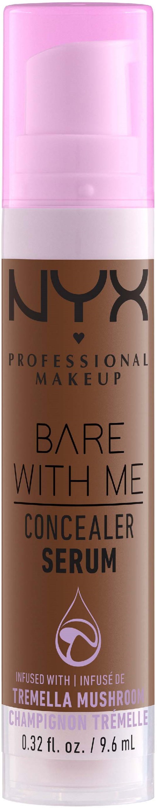A NYX concealer serum bottle with a pink cap, labeled "Bare With Me", and mentions ingredients like Tremella Mushroom.