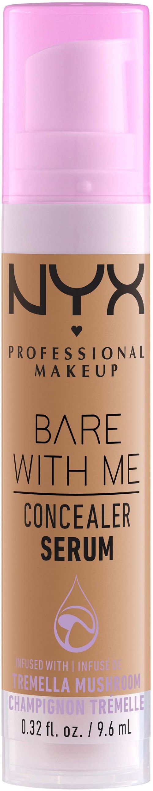 A bottle of NYX concealer serum with a pink cap, labeled for acne treatment and skin tone beige.