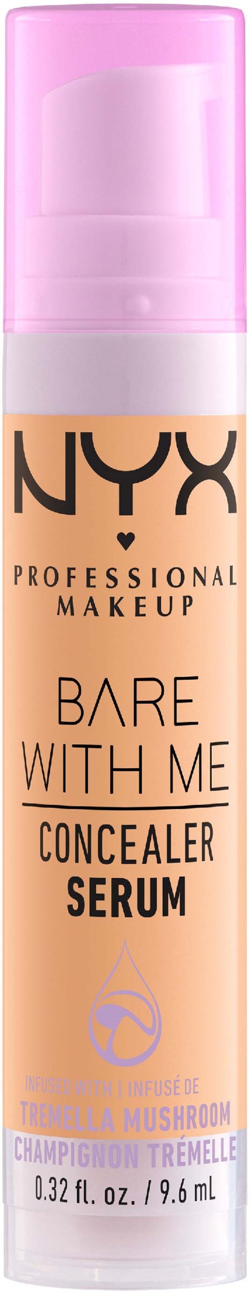 Een tube van NYX concealer serum met roze dop en beige lichaam, gelabeld als "Bare With Me" voor huiddekking.